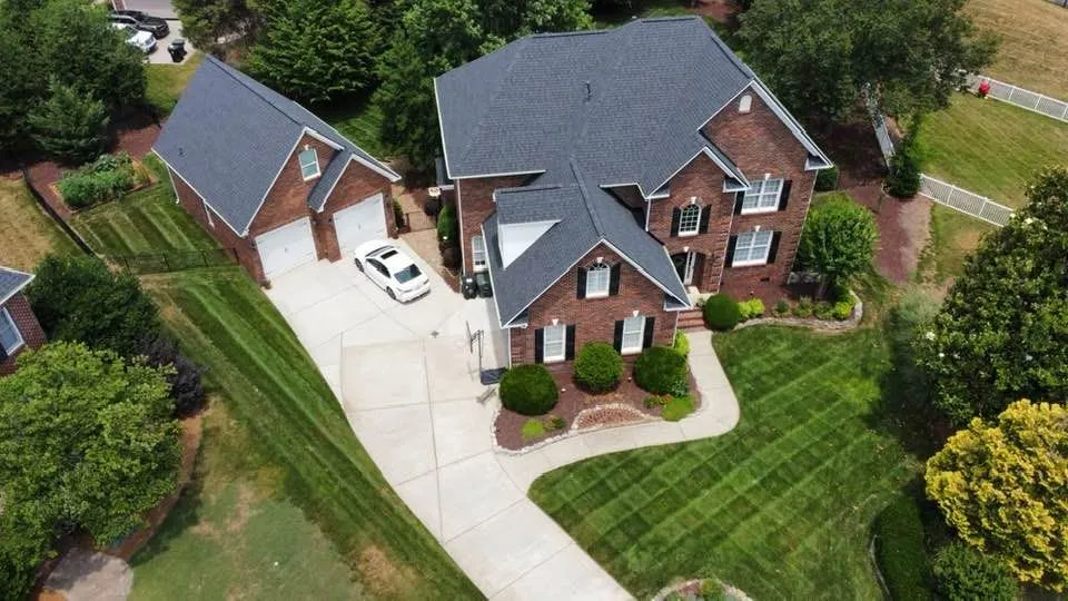 Aerial view of a new roof replacement completed by Iconic Roofing in Hickory NC