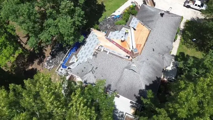 High aerial drone view of a roof replacement project in Hickory NC